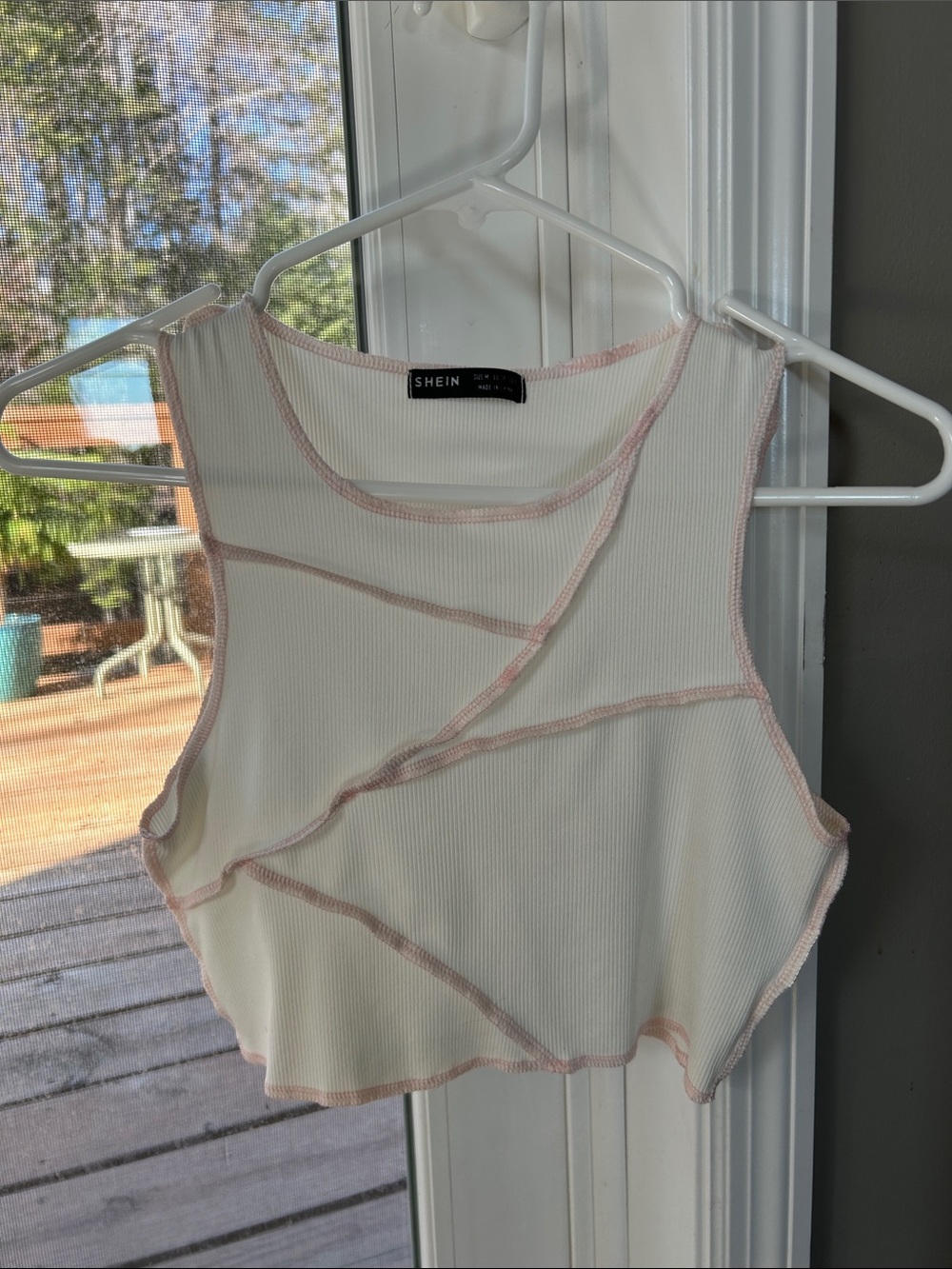 SHEIN Cream Ribbed Crop Tank with Pink Contrast Seams